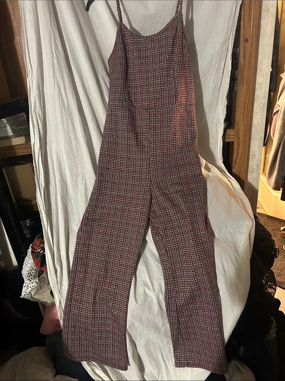 Sleeveless Wide-Leg Plaid Jumpsuit in Burgundy